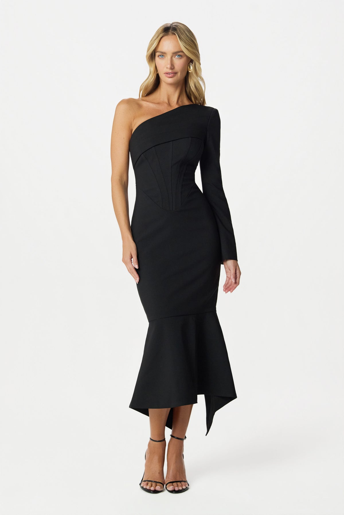 ARIANNA Asymmetric Midi Dress in Black Position 1