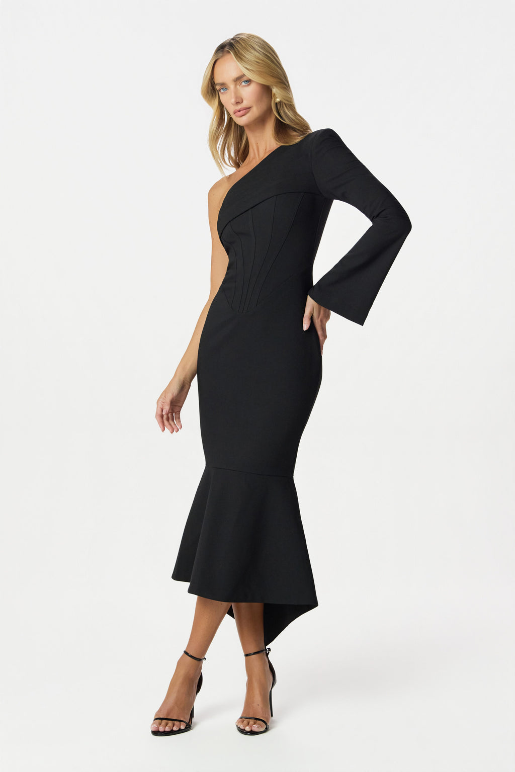 ARIANNA Asymmetric Midi Dress in Black Position 3