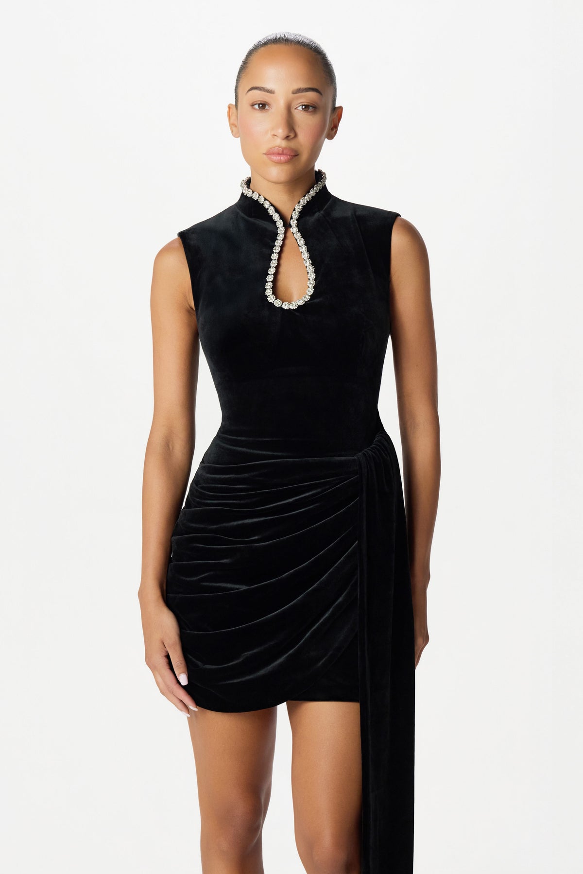 CELINA Velvet Mini Dress in Black Position 3