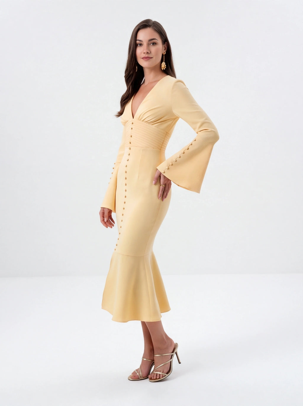 Avenyl Yellow Fluted Sleeve Midi Dress - Elegant & Chic Design