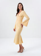 Avenyl Yellow Fluted Sleeve Midi Dress - Elegant & Chic Design