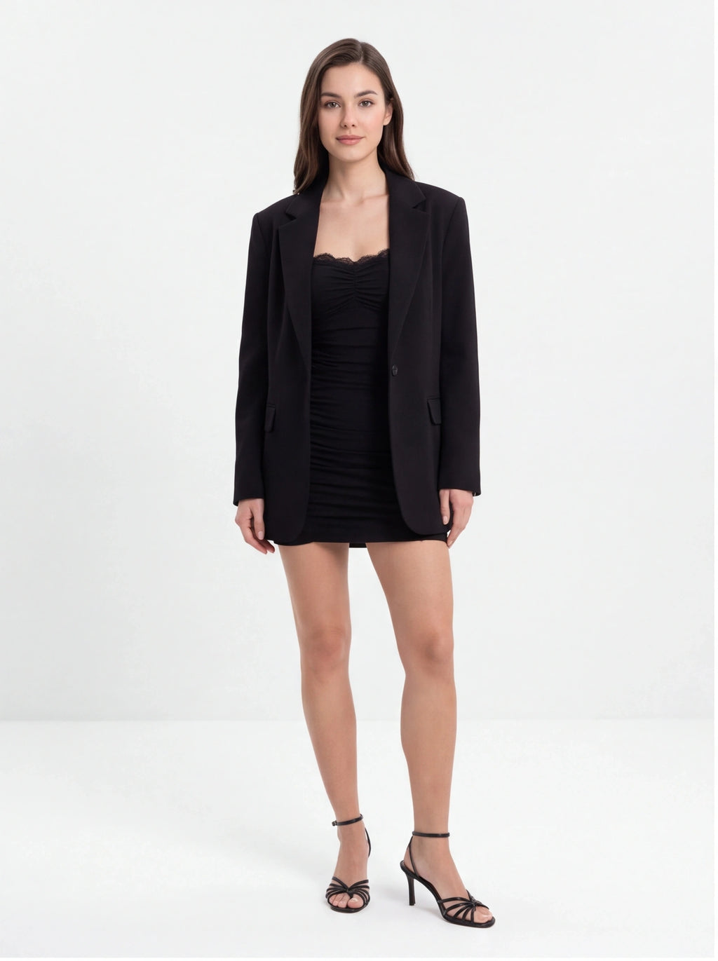 Avenyl Black Bandeau Mini Dress with Ruched Detail & Bodycon Fit