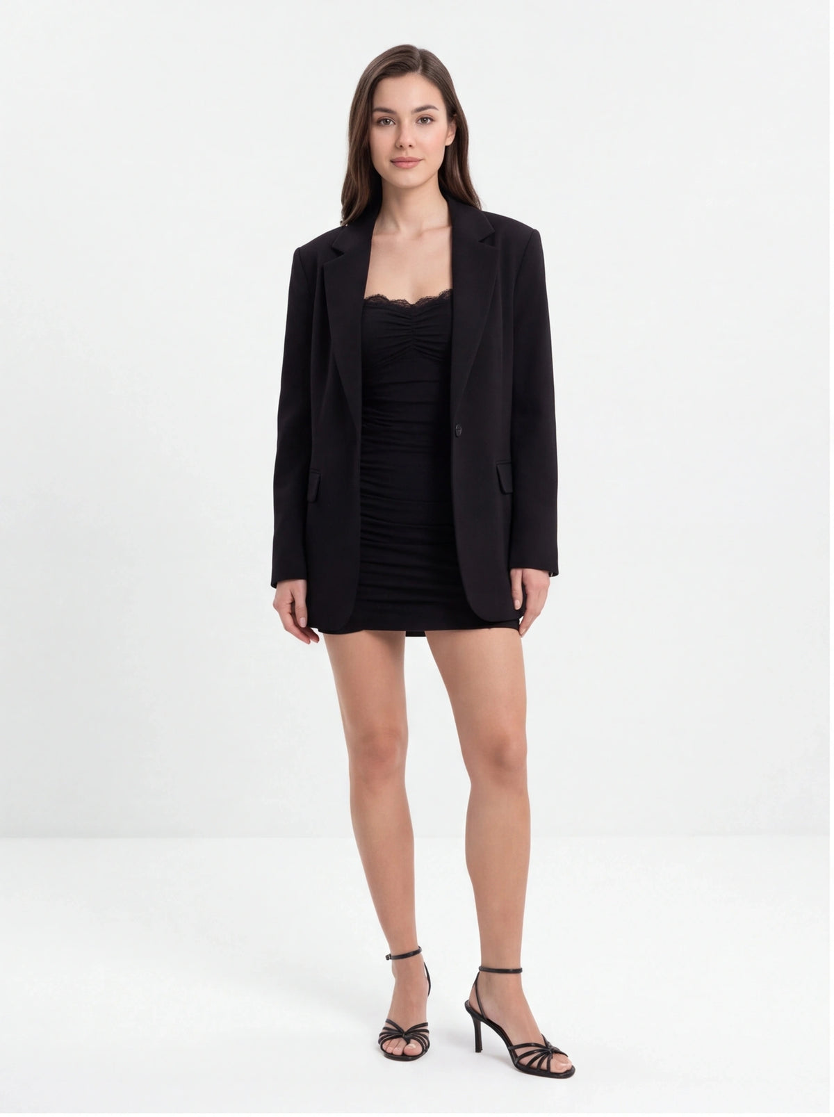 Avenyl Black Bandeau Mini Dress with Ruched Detail & Bodycon Fit