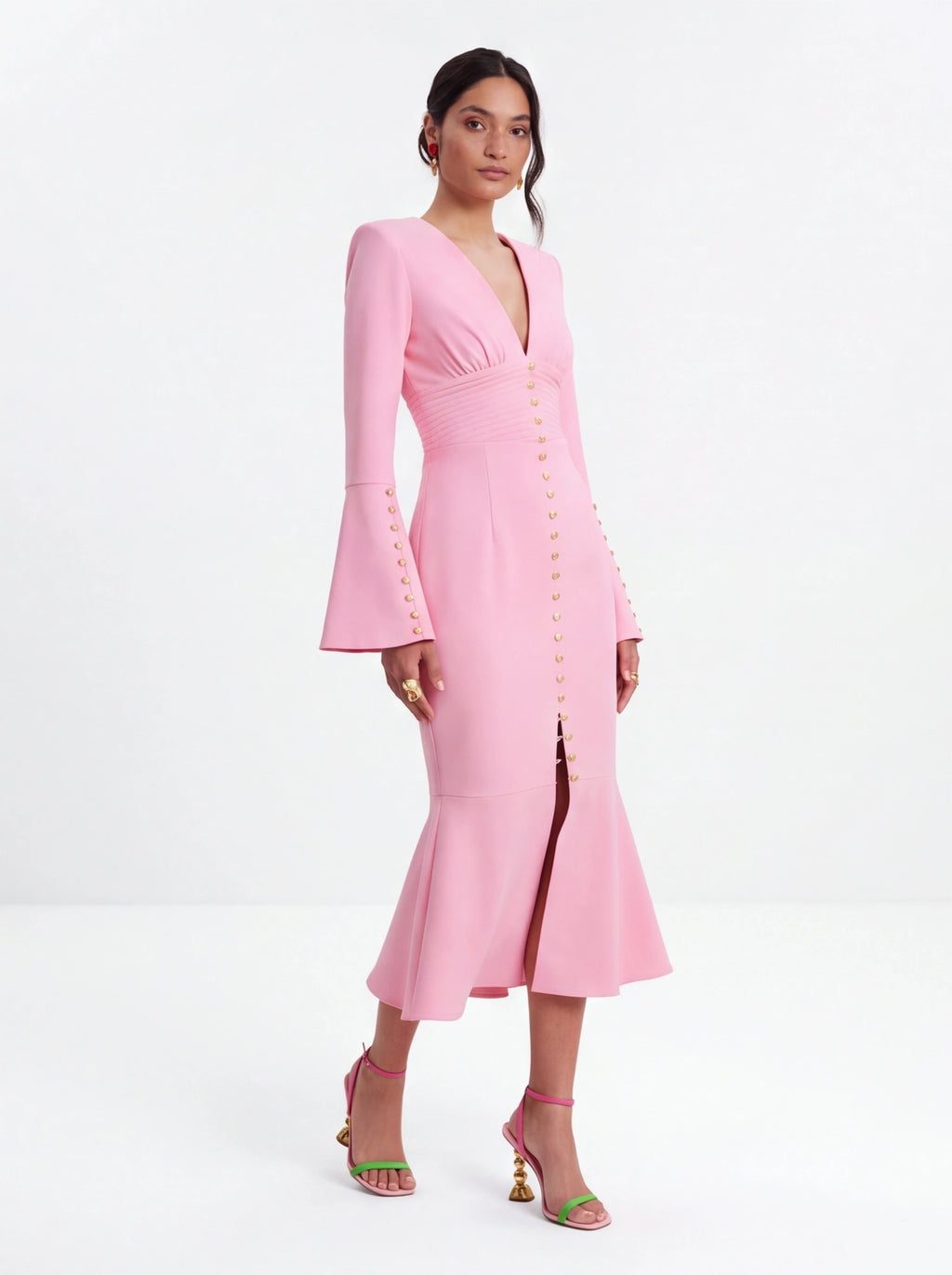 Avenyl Pink Fluted Sleeve Midi Dress - Elegant & Versatile