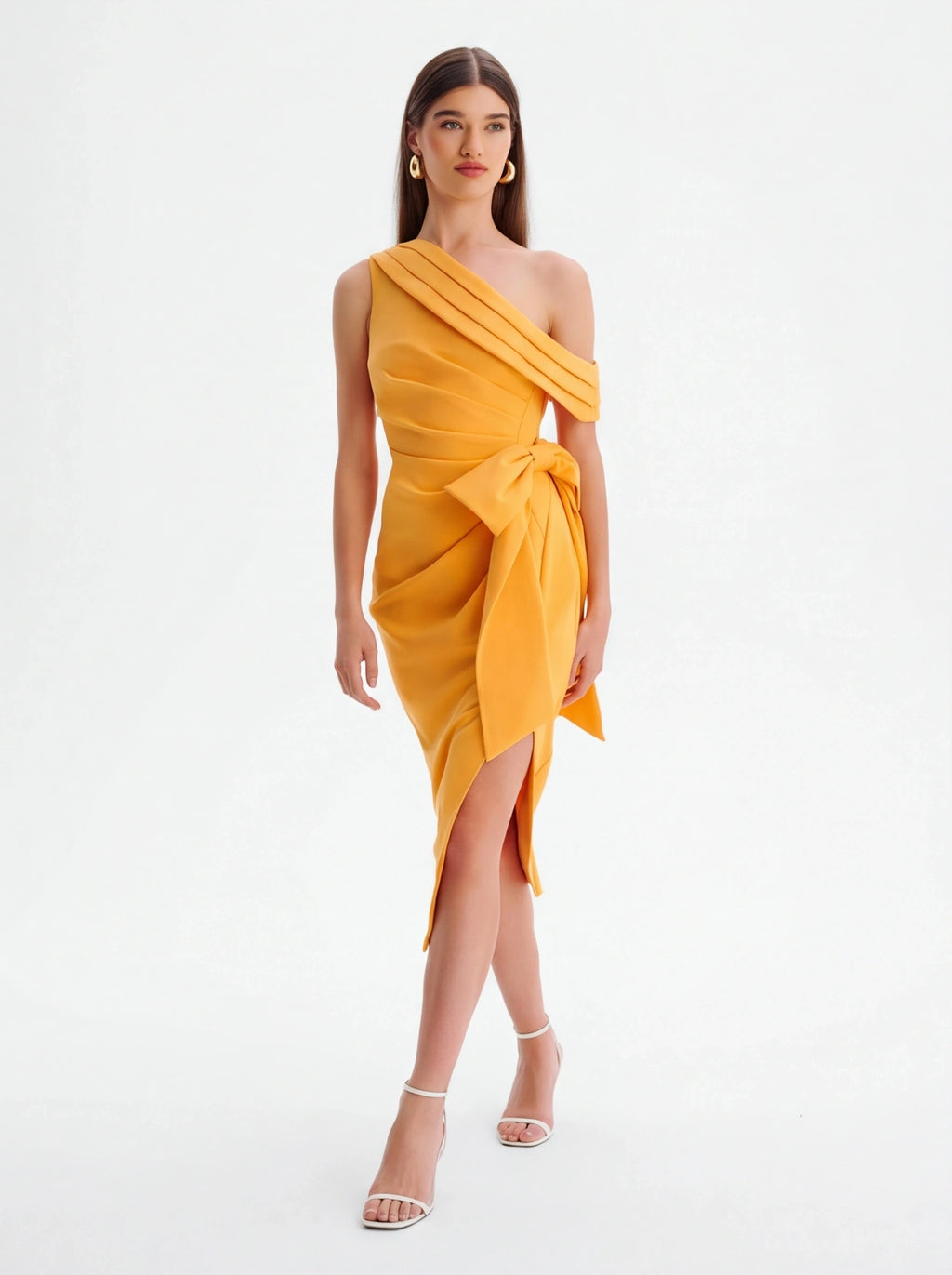 Avenyl HONEY Asymmetric Midi Dress - Orange, Stylish & Elegant