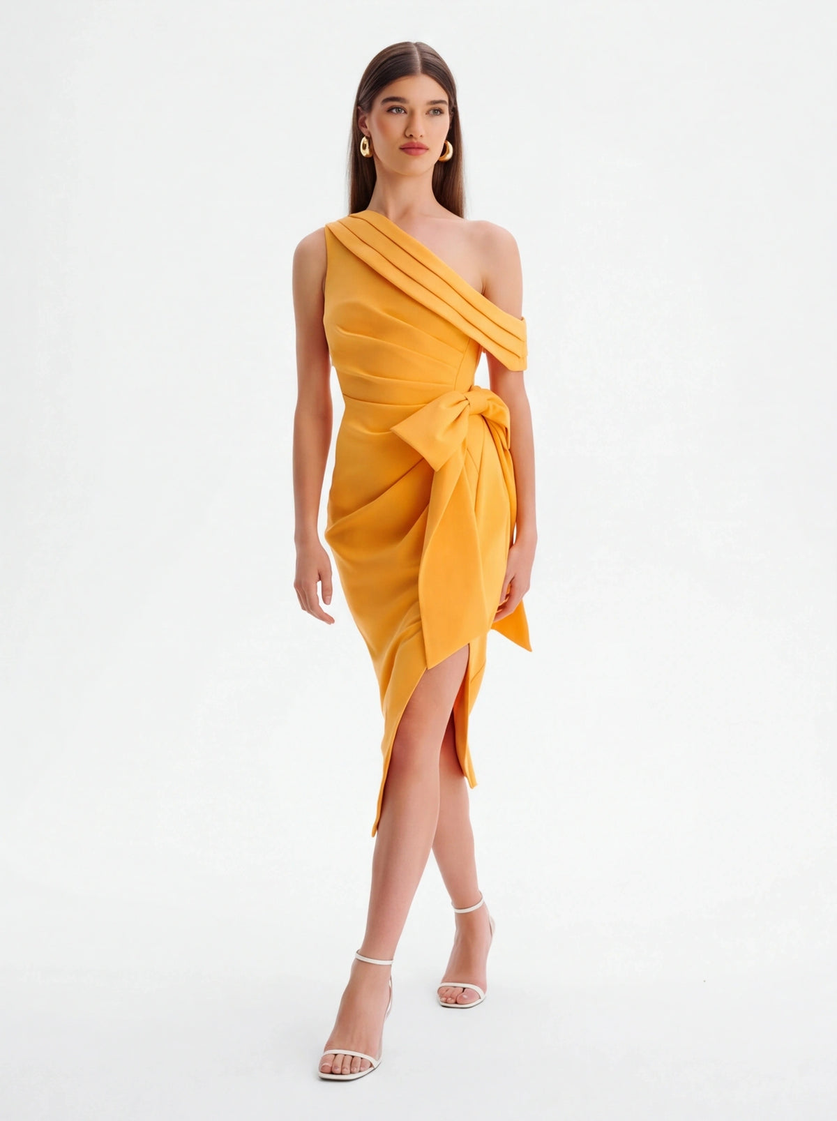 Avenyl HONEY Asymmetric Midi Dress - Orange, Stylish & Elegant