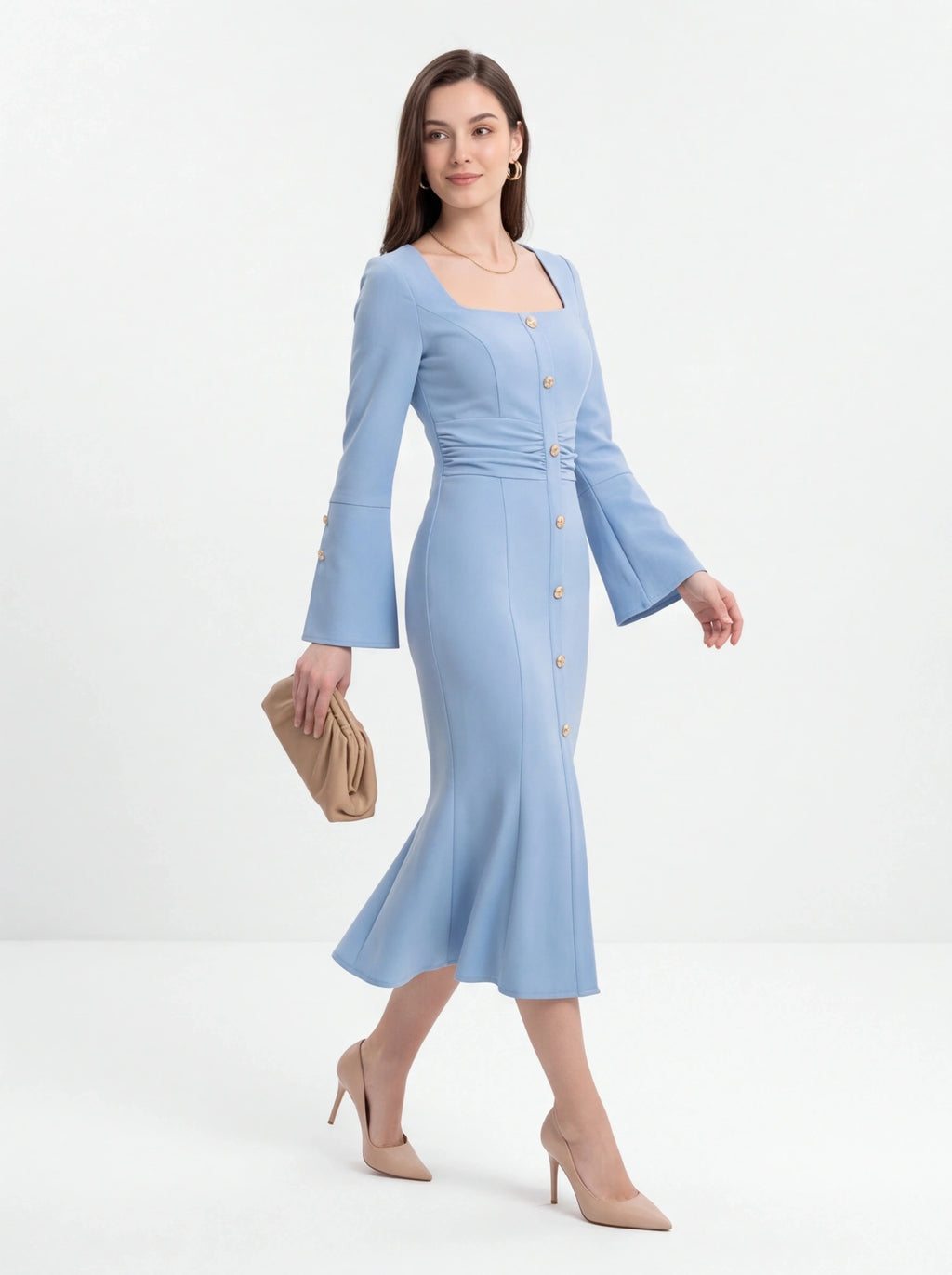 Avenyl Square Neck Midi Dress - Light Blue, Elegant Design