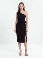 Avenyl HONEY Asymmetric Black Midi Dress with Elegant Cutout