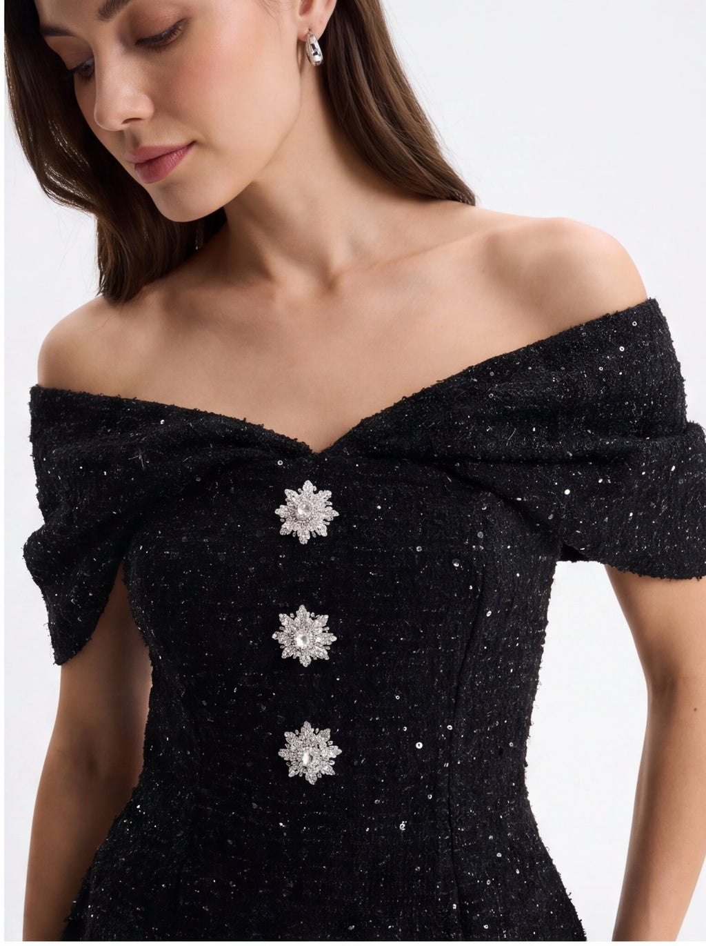 Avenyl ARIELLA Black Sequin Boucle Mini Dress with Elegant Fit