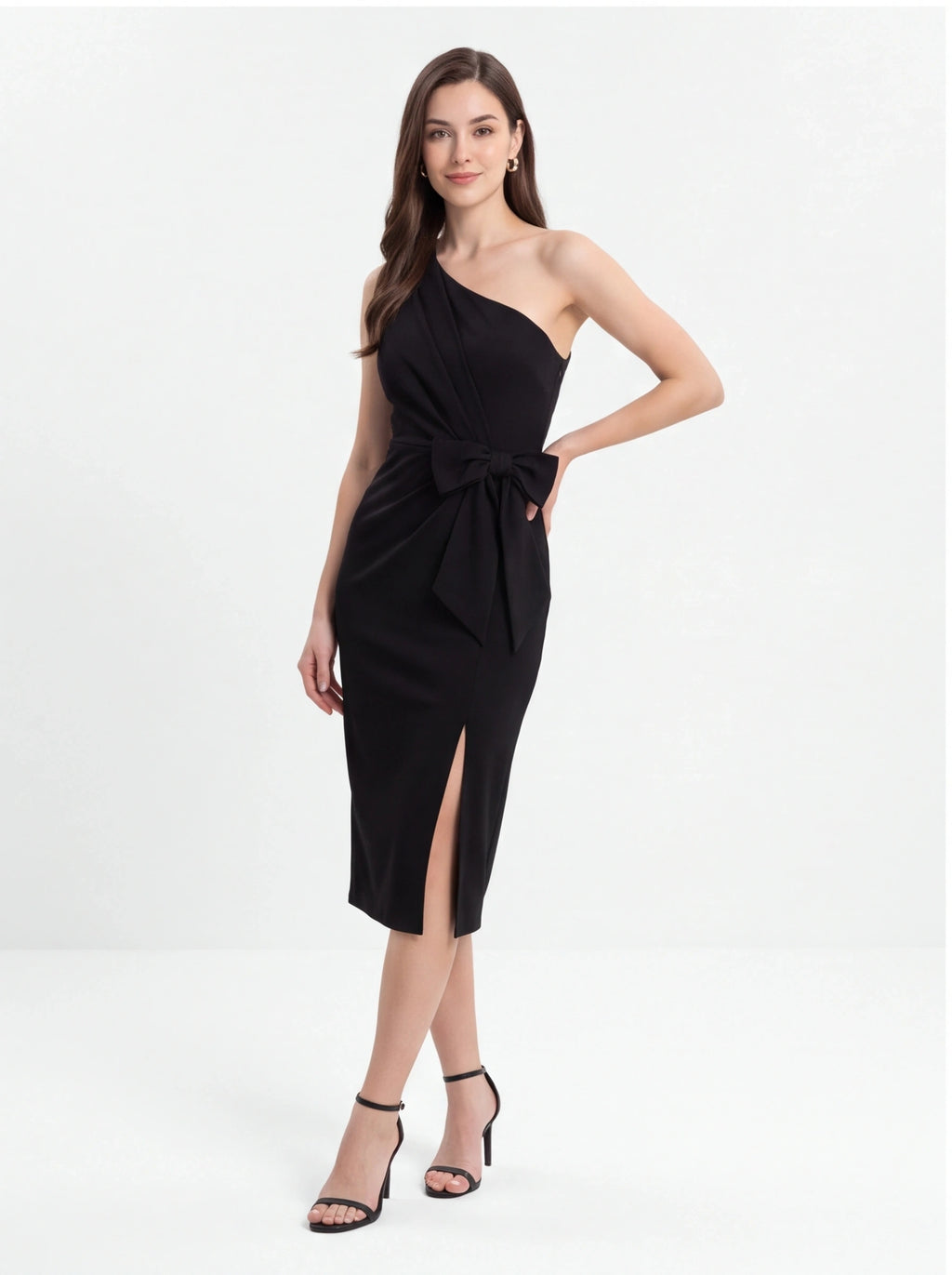 Avenyl HONEY Asymmetric Black Midi Dress with Elegant Cutout