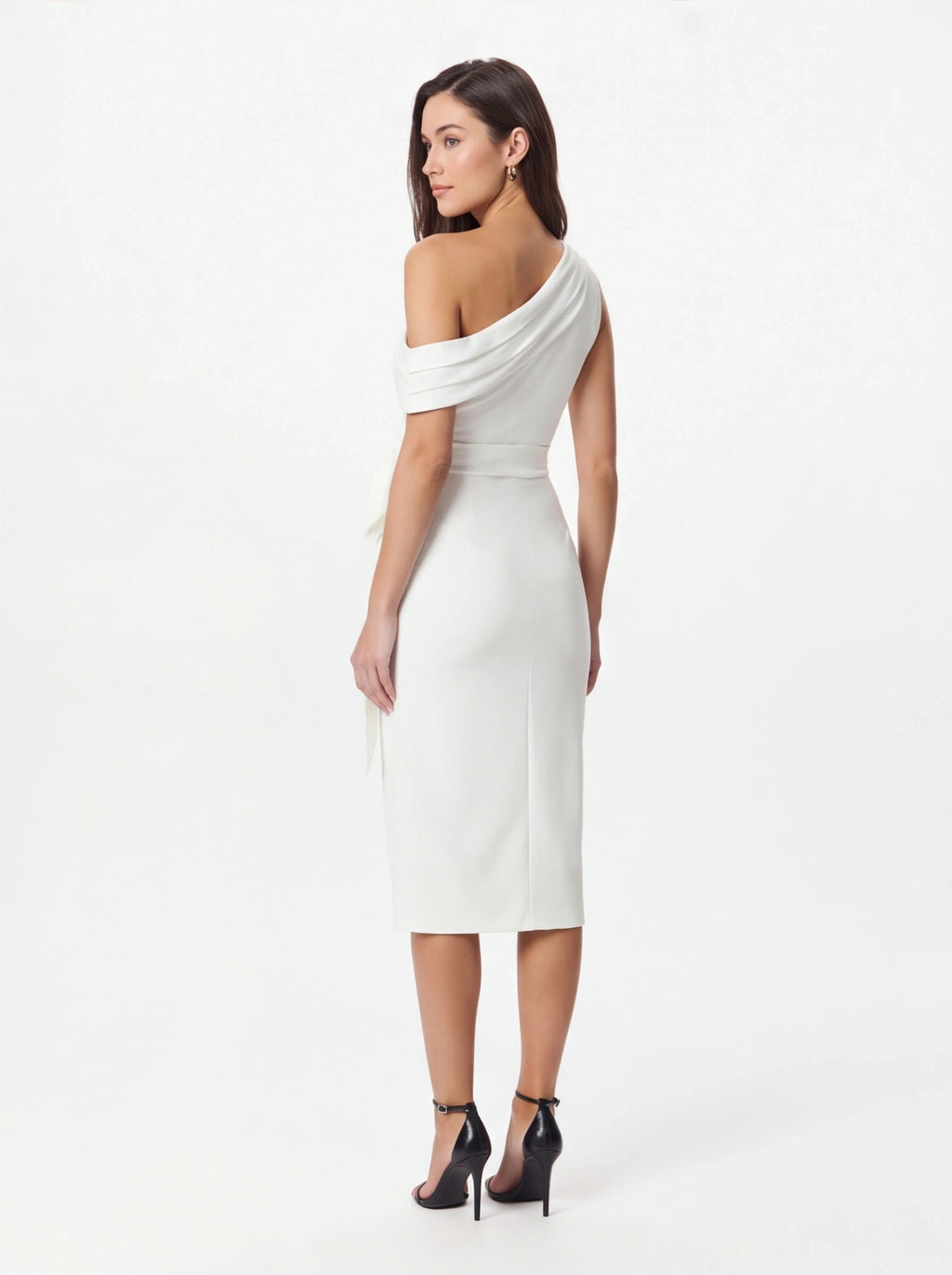 Avenyl HONEY Asymmetric Midi Dress - Elegant White, Flattering F
