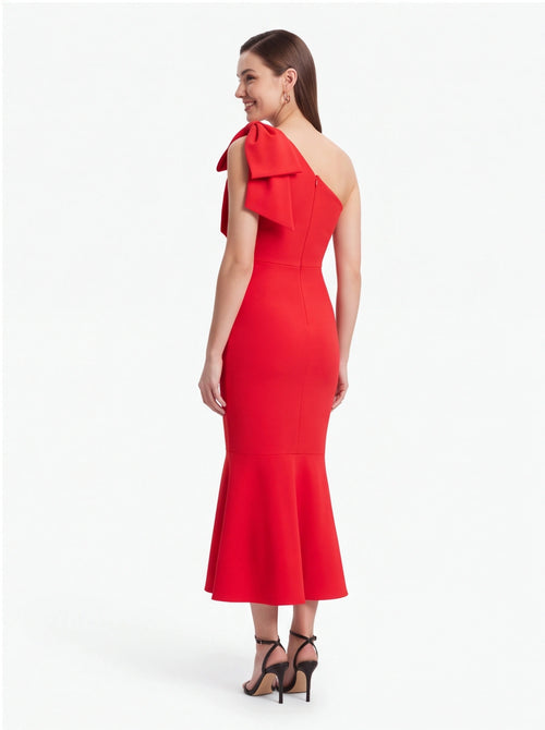 Avenyl ADELAIDE Red Bow Midi Dress with Elegant Design & Flatter