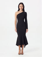 Avenyl ARIANNA Black Asymmetric Midi Dress with Elegant Cut and