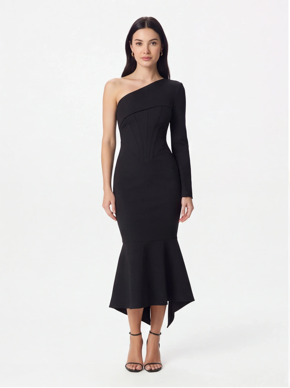 Avenyl ARIANNA Black Asymmetric Midi Dress with Elegant Cut and