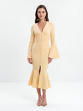 Avenyl Yellow Fluted Sleeve Midi Dress - Elegant & Chic Design