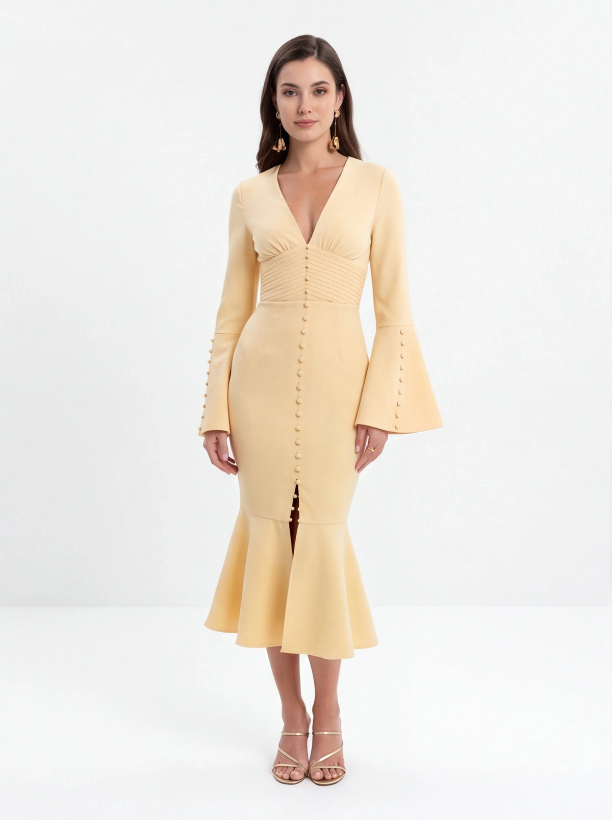Avenyl Yellow Fluted Sleeve Midi Dress - Elegant & Chic Design