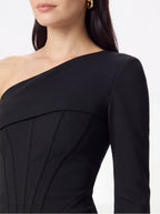 Avenyl ARIANNA Black Asymmetric Midi Dress with Elegant Cut and