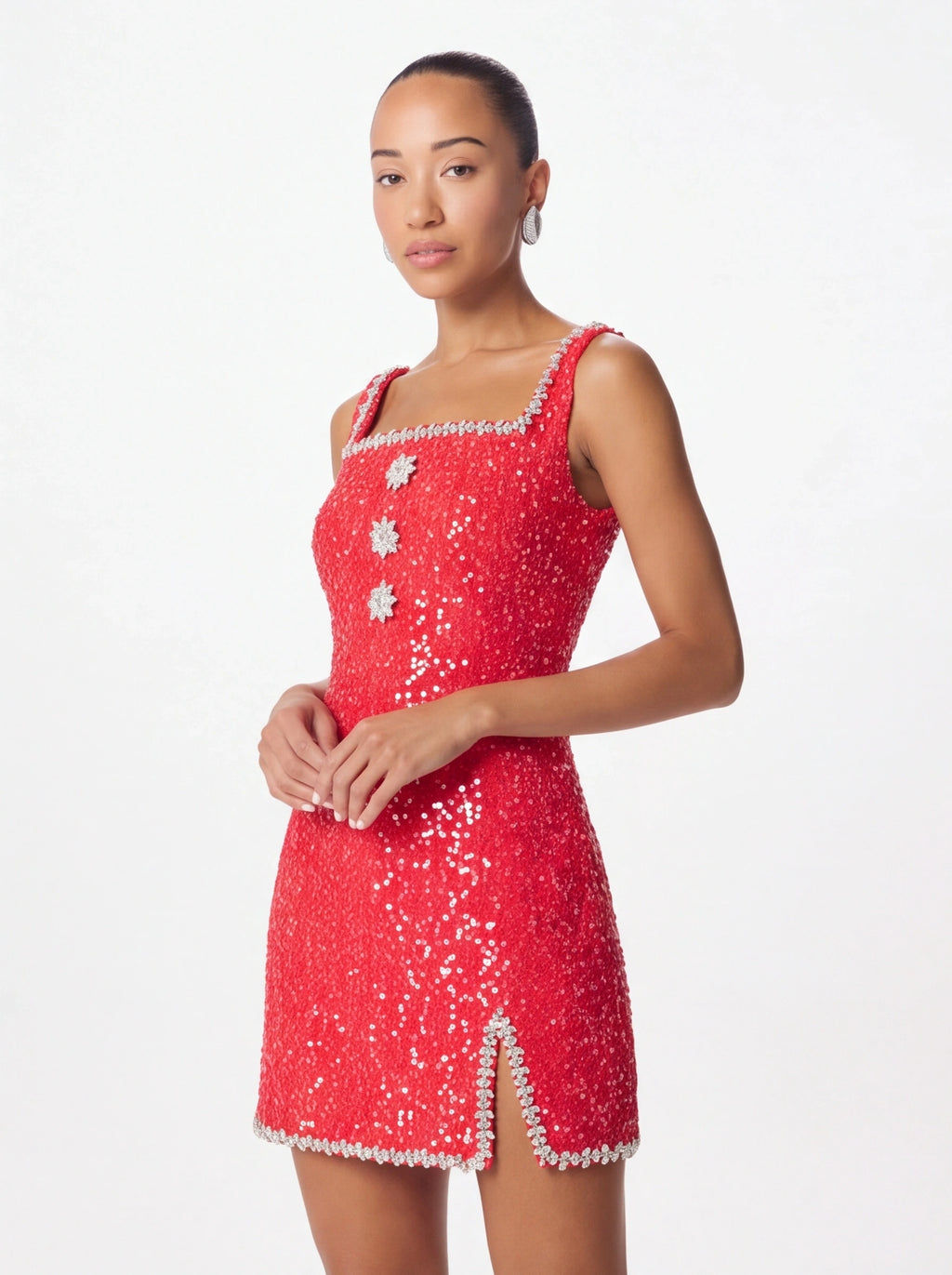 Avenyl ZOEY Red Embellished Boucle Tulip Mini Dress, Stylish Fit