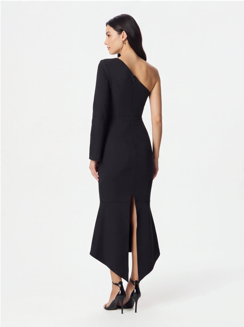Avenyl ARIANNA Black Asymmetric Midi Dress with Elegant Cut and