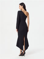 Avenyl ARIANNA Black Asymmetric Midi Dress with Elegant Cut and