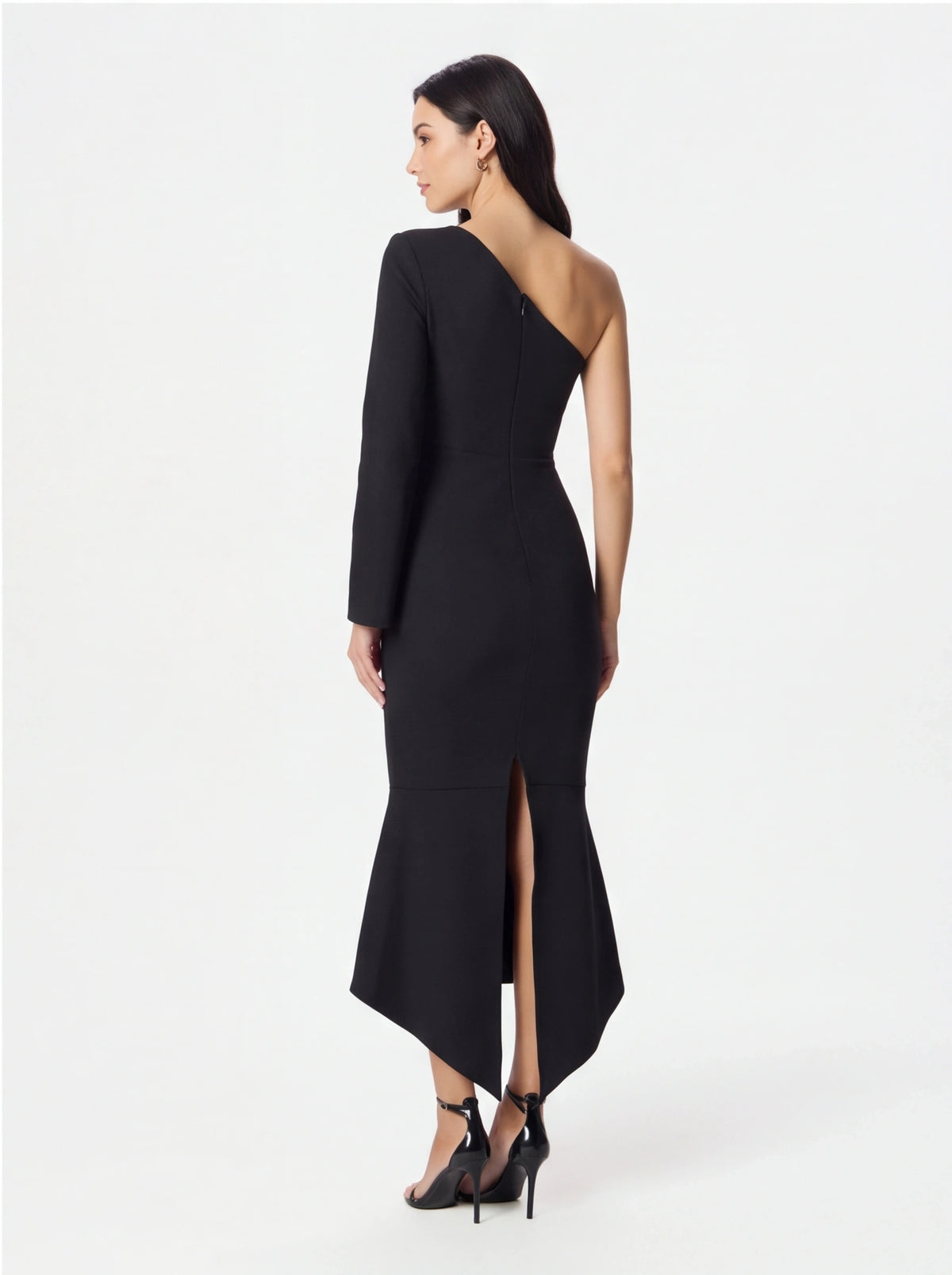 Avenyl ARIANNA Black Asymmetric Midi Dress with Elegant Cut and
