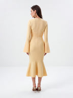Avenyl Yellow Fluted Sleeve Midi Dress - Elegant & Chic Design