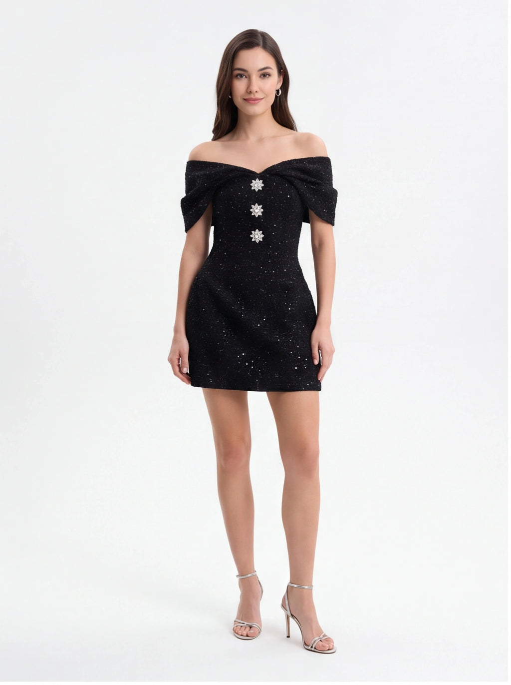 Avenyl ARIELLA Black Sequin Boucle Mini Dress with Elegant Fit