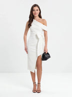 Avenyl HONEY Asymmetric Midi Dress - Elegant White, Flattering F