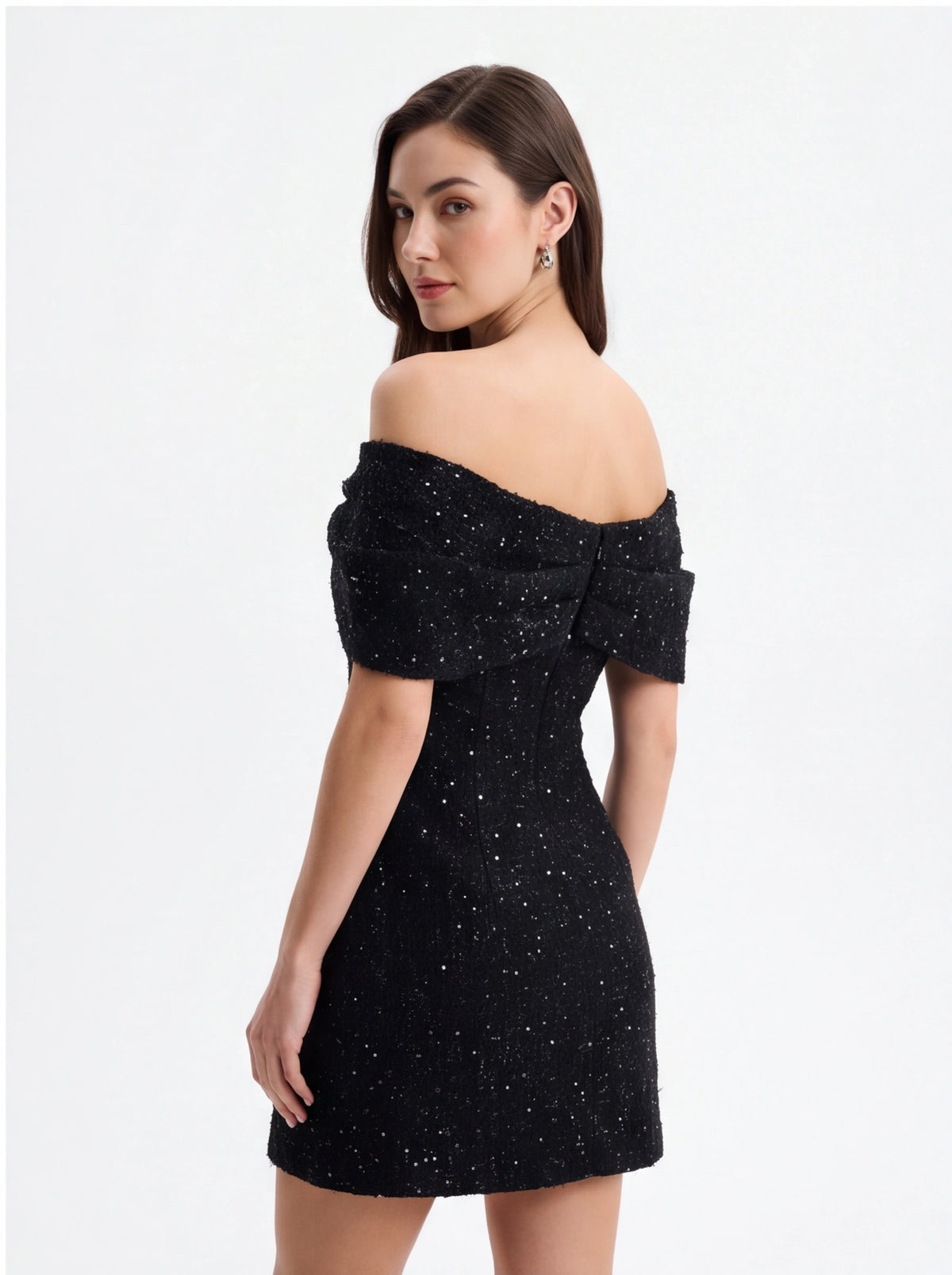 Avenyl ARIELLA Black Sequin Boucle Mini Dress with Elegant Fit