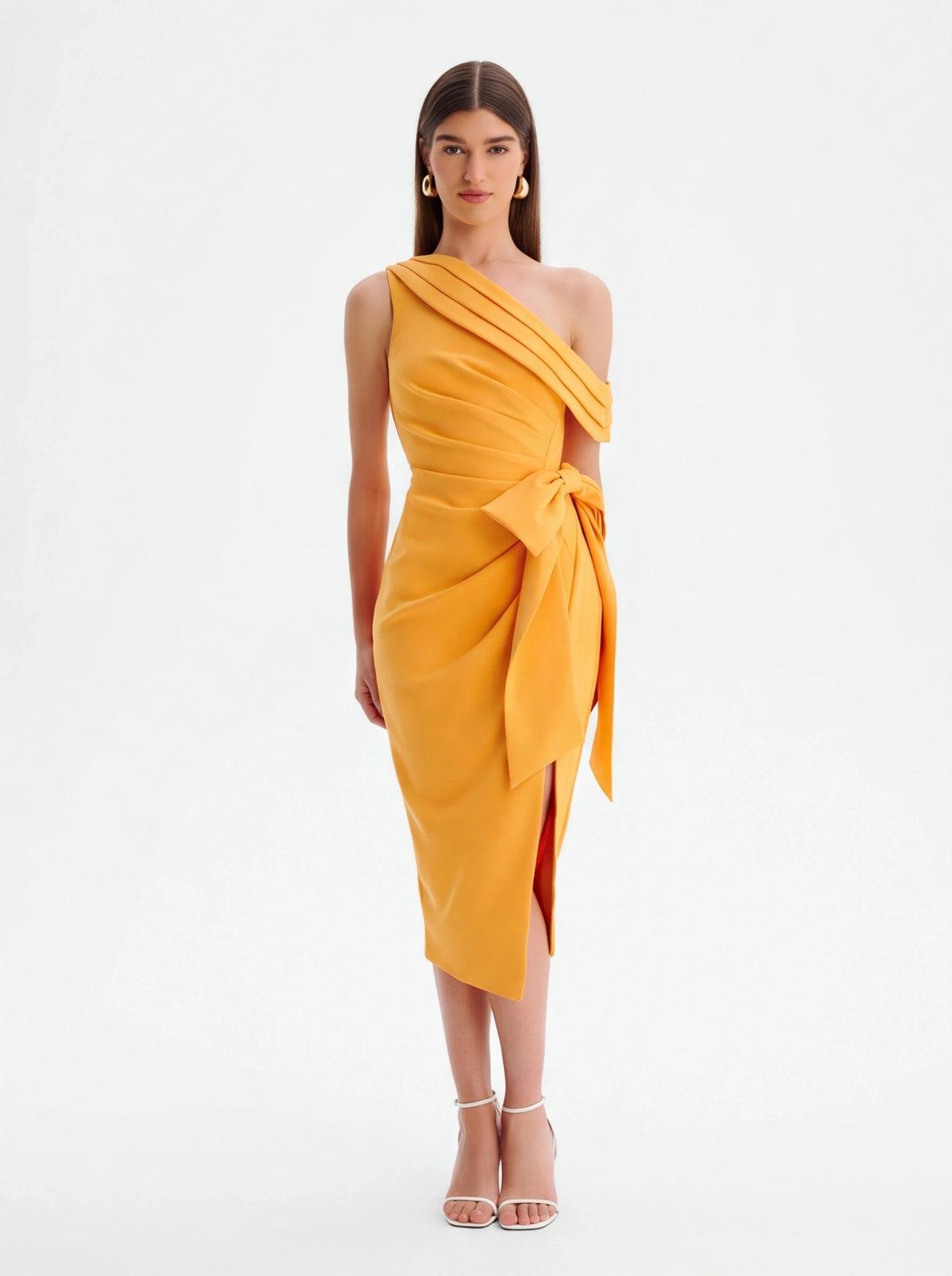 Avenyl HONEY Asymmetric Midi Dress - Orange, Stylish & Elegant