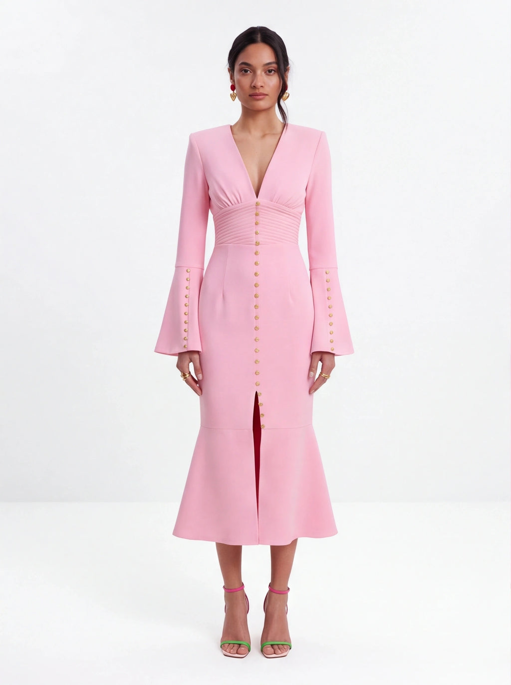 Avenyl Pink Fluted Sleeve Midi Dress - Elegant & Versatile