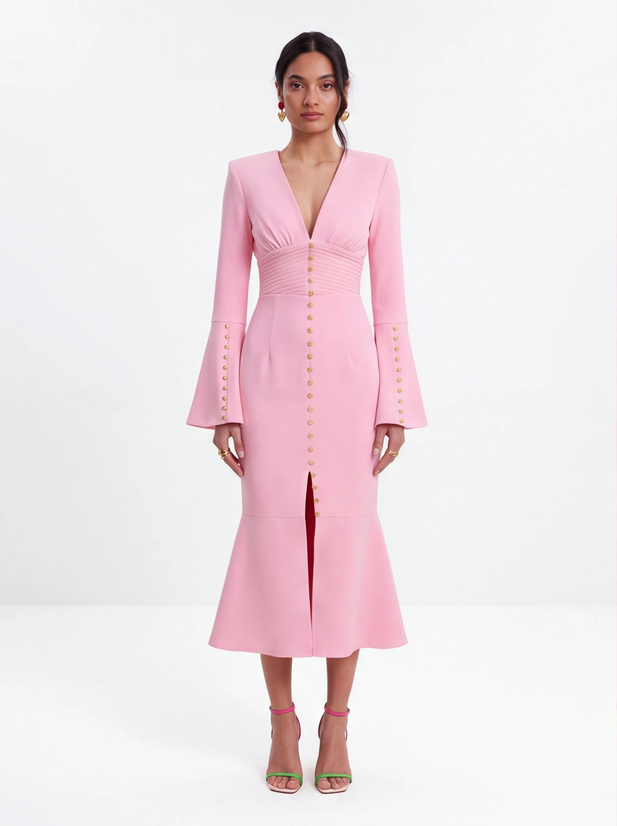 Avenyl Pink Fluted Sleeve Midi Dress - Elegant & Versatile