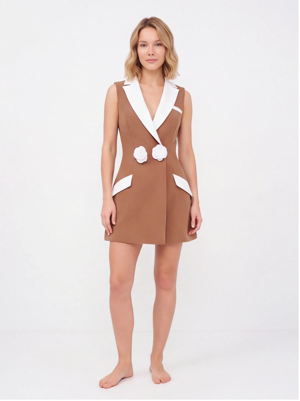 Avenyl AMARA V Neck Mini Dress - Brown & White, Elegant Design