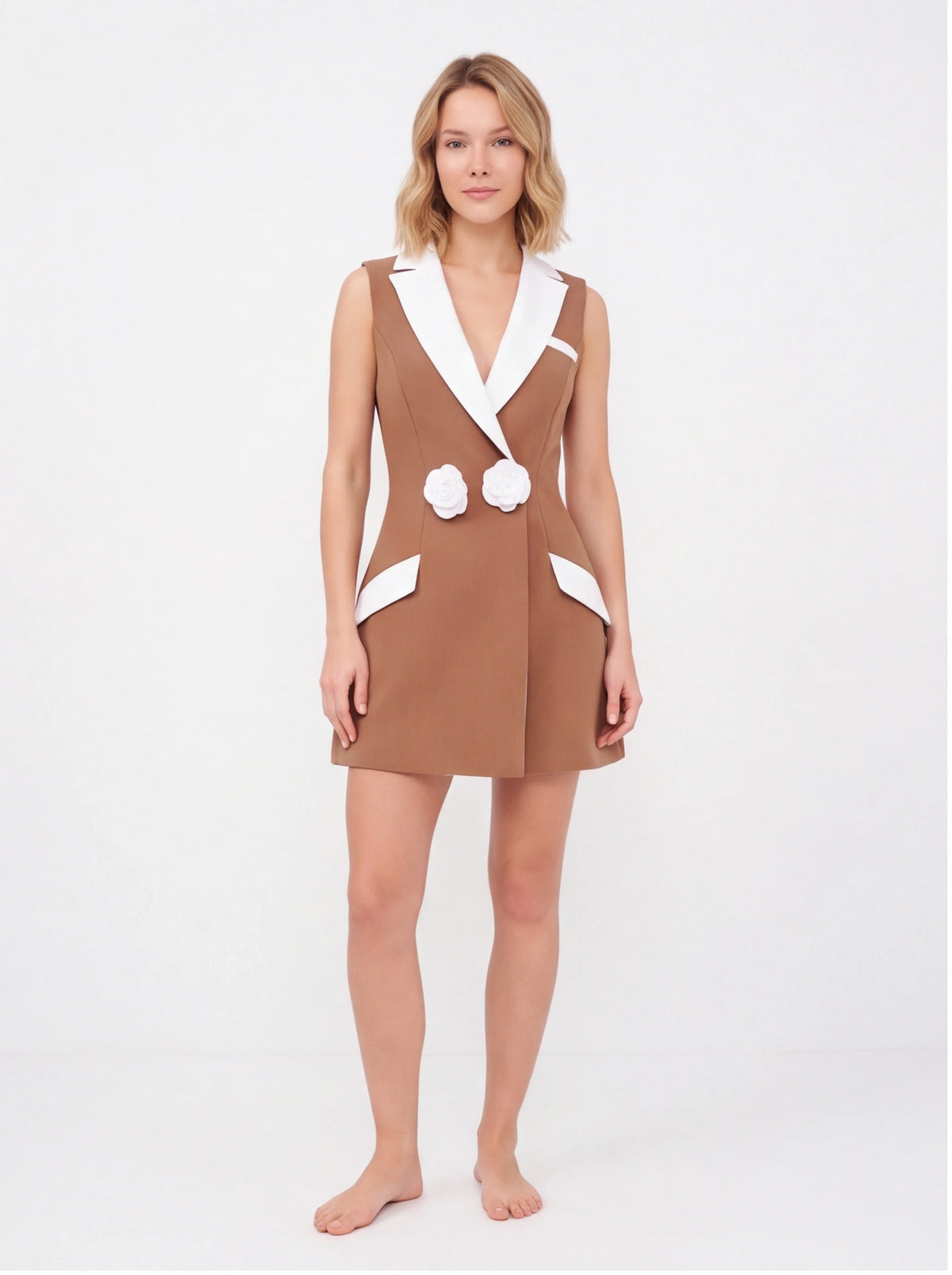 Avenyl AMARA V Neck Mini Dress - Brown & White, Elegant Design