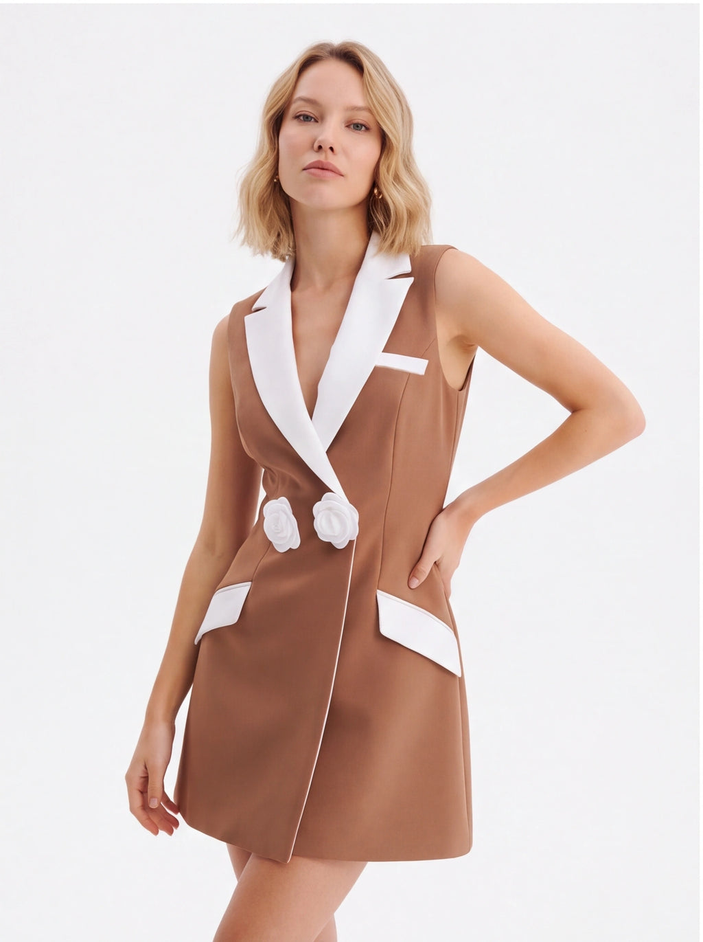Avenyl AMARA V Neck Mini Dress - Brown & White, Elegant Design