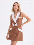 Avenyl AMARA V Neck Mini Dress - Brown & White, Elegant Design
