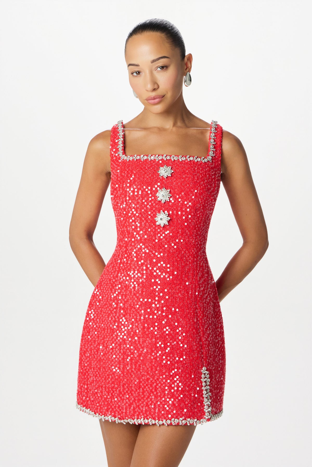 ZOEY Embellished Boucle Tulip Mini Dress in Red Position 4