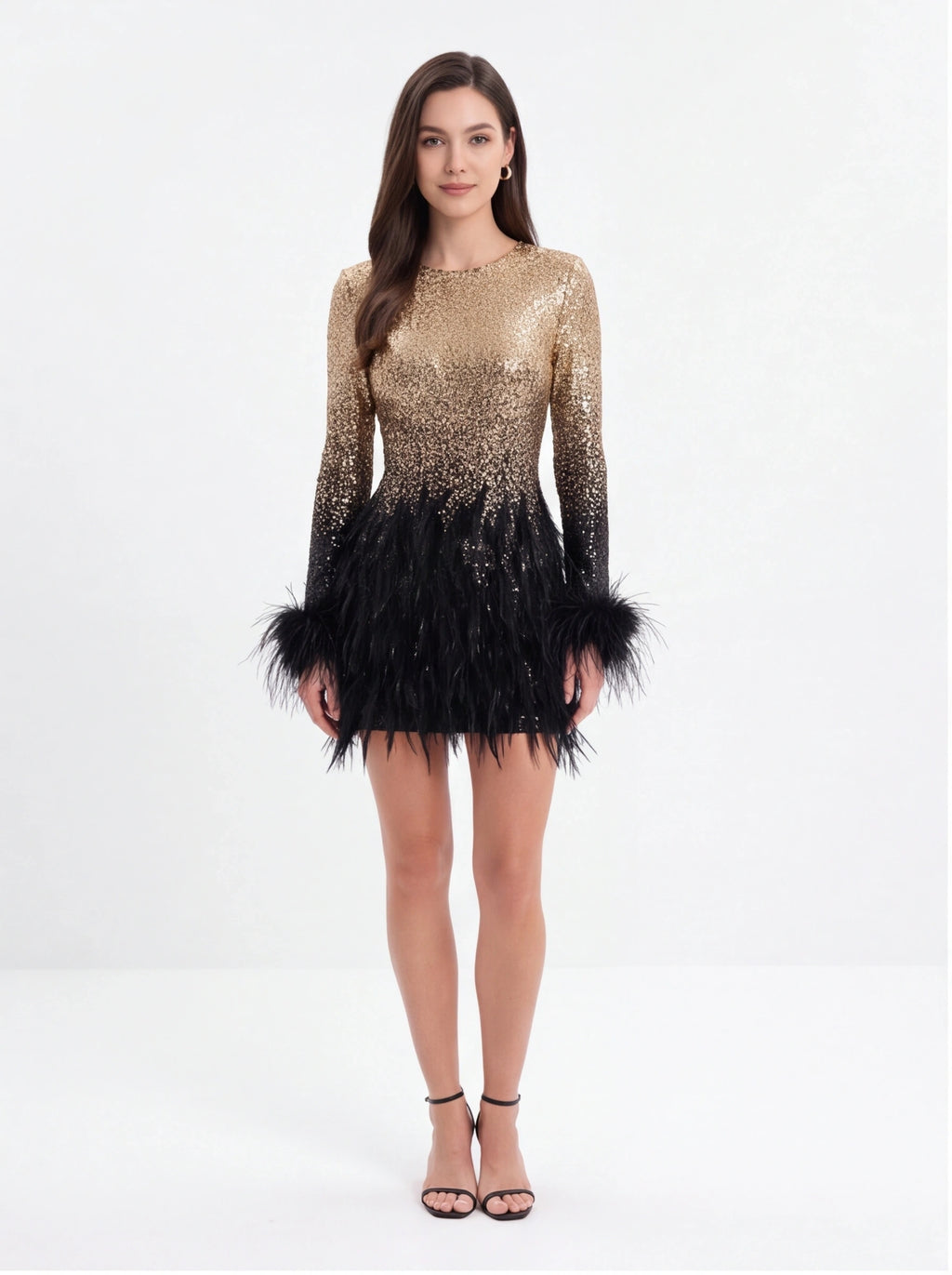 Avenyl BRIANNA Black Sequin & Feather Mini Dress, Elegant Design