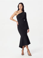 Avenyl ARIANNA Black Asymmetric Midi Dress with Elegant Cut and