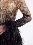 Avenyl BRIANNA Black Sequin & Feather Mini Dress, Elegant Design